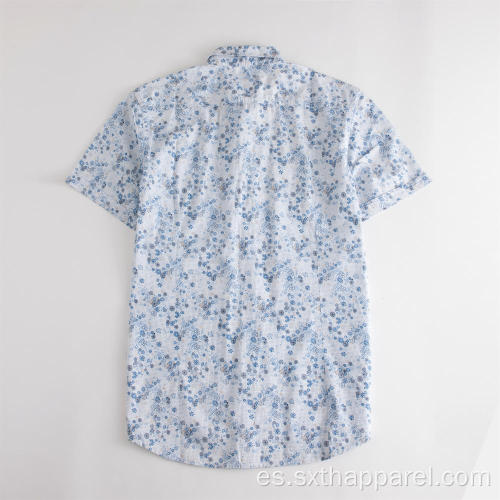 Camisas casuales con estampado de flores azules de manga corta para hombre